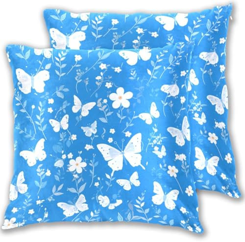 KLL Dekorativer Satin-Kissenbezug, Motiv: blaue Schmetterlinge und Blumen, 45,7 x 45,7 cm