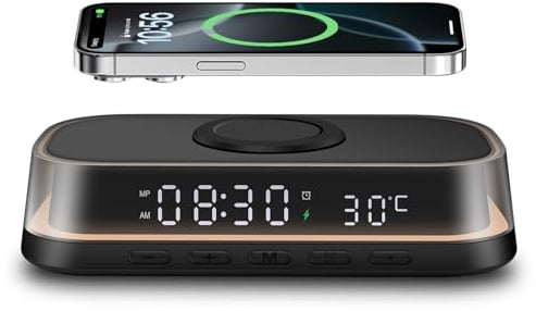 PDKUAI Nachttischlampe Wecker Digital mit Ladestation,15W kabelloses Schnell Ladegerät für iPhone/Samsung/Pixel, LED-Display mit Temperatur,Alarm Clock and USB-Anschluss Dimmbar Nachtlicht mit Uhr