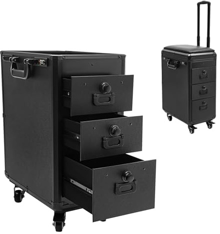 Mqwdxzfes Rollbare Schminkkoffer, 3-Schubladen Profi Kosmetik Organizer mit Rädern & Schloss, Tragbarer Trolley Koffer, Friseur Reisetasche für Tattoo Nagel Beauty Friseur, 42x28x53cm