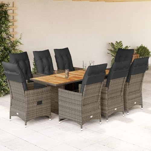 QJBSAVVA 9-TLG. Garten-Bistro-Set mit verstellbaren Liegestühlen aus grauem Poly-Rattan, Akazienholz-Tisch 190x80 cm, UV-beständige Balkonmöbel für Garten Terrasse und kleinen Balkon