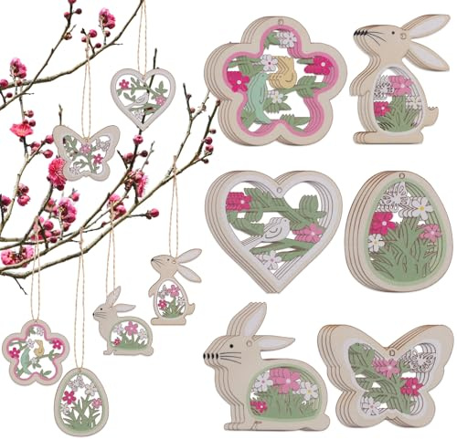 24 pezzi Decorazioni Pasquali da Appendere Ciondoli decorazioni Pasqua in Legno Addobbi Pasquali Ciondolo in Legno Pendenti Uova di Pasqua Ciondoli di Decorazione di Primavera