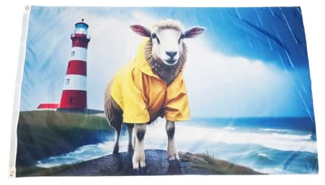 Fahne Flagge Schaf im Regenmantel Leuchtturm Küste Meer Sturm - 90 x 150 cm