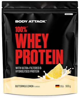 Body Attack 100% Whey Protein Buttermilk Lemon 900 g | cremiges Eiweißpulver mit Hydrolysat und BCAA´s, unterstützt Muskelaufbau und Diäten, Made in Germany