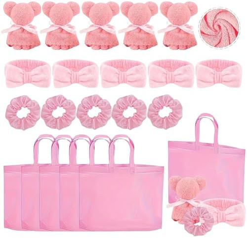 Brxmpn Lot de 20 Articles pour Une Soirée Pyjama Spa, Comprenant 5 Serviettes Ours en Peluche, 5 Bandeaux, 5 Élastiques À 5 Sacs pour Une Soirée Pyjama, Un Anniversaire, Un