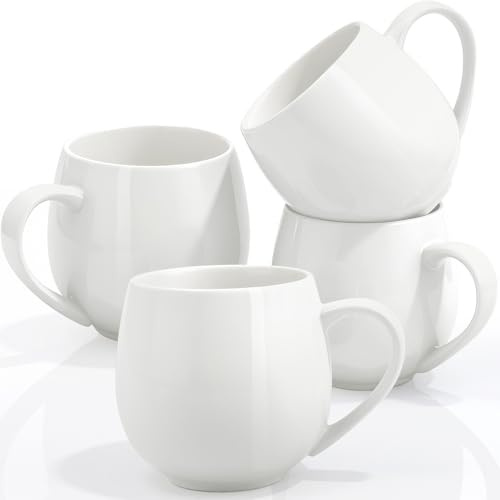 Preocea 4 Pack Ceramic Coffee Mugs, Porcelain Tea Cups, 12 Oz/350ml, White | White Coffee Mugs With Handle, Latte Cups, Dishwasher And Microwave Safe, for Tea, Cappuccino, Hot Chocolate And Milk