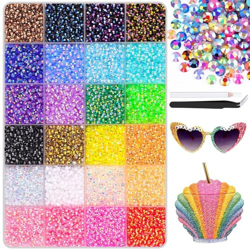 24000pcs Nail Art Rhinestones, 24 Colors 3mm Flatback Nail Gems Nail Rhinestones Bedazzling Kit with Pick Up Tweezers and Pen for DIY Art Crafts Decoration