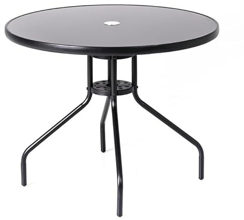 MAT-COMPANY Gartentisch Glastisch Bistrotisch Balkontisch 90x70cm Outdoor Garten Terrasse Schwarz mit schwarzer Glasplatte Schirmloch