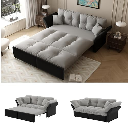Generisch 190 cm 3-in-1 Konvertibles Queen-Size Schlafsofa, Velours Ausziehsofa mit Tufting & 2 Weichen Kissen, Multifunktionelles Sofa-Bett für Wohnzimmer Schlafzimmer, Hellgrau