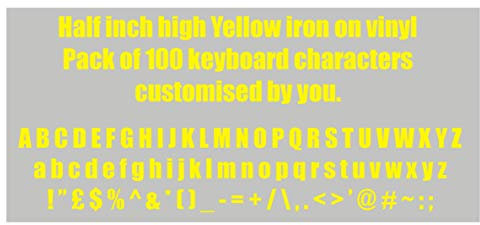 Half inch high Yellow iron on Vinyl. Pack of 100 keyboard characters made up of Letters, numbers or any other keyboard symbol