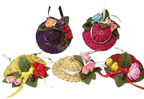 Desconocido Set 5 Colgantes Sombrero Paja Boda Lazo Flores Colores Variado