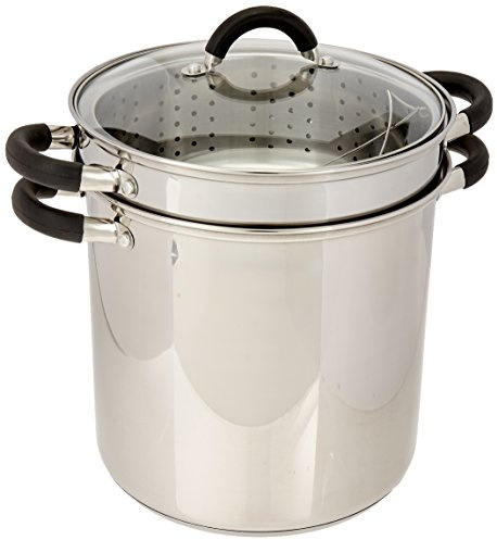 ExcelSteel 12 Qt Multifunction Stainless Steel Pasta Cooker with Encapsulated Base, Vented Glass Lid, and Riveted Silicone Covered Handles