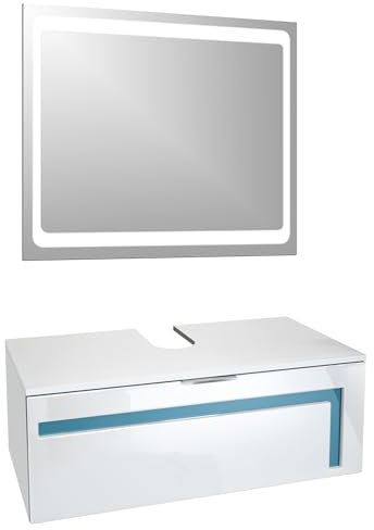 Vladon Waschtisch Waschbecken Unterschrank Aloha V2, Made in Germany, Korpus in Weiß matt/Fronten in Weiß Hochglanz mit Absetzungen in Petrol Hochglanz, mit Aufsatzwaschbecken und LED Spiegel