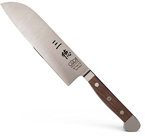 GÜDE Solingen - Cuchillo Santoku forjado, 18 cm, madera de nogal, ALPHA-WALNUT - doble virola, Hecho a mano en Alemania
