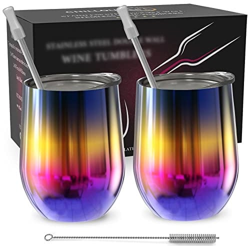 CHILLOUT LIFE Stainless Steel Wine Tumblers 2 Pack 12 oz - Double Wall Vacuum Insulated Wine Cups with Lids and Straws Set for Coffee, Wine, Cocktails (Rainbow)