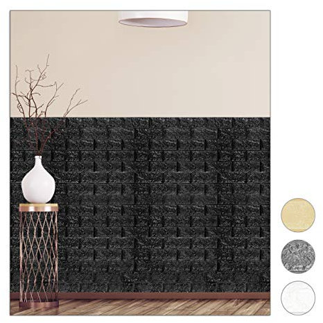 Relaxdays Wandpaneele selbstklebend, 10er Set, dekorative Steinoptik, 3D Paneele, weicher Schaumstoff, 78x70cm, schwarz