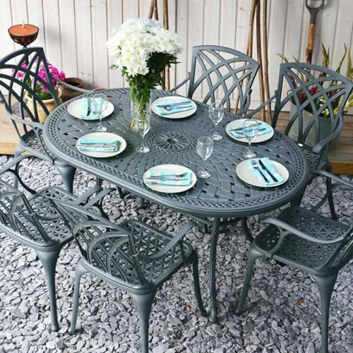 Lazy Susan Ovaler June Gartentisch in Schiefergrau mit 6 April Stühlen | Sandgegossenes Aluminium | Wetterfest | Rostfrei | Wartungsarm | 3 Jahre Garantie