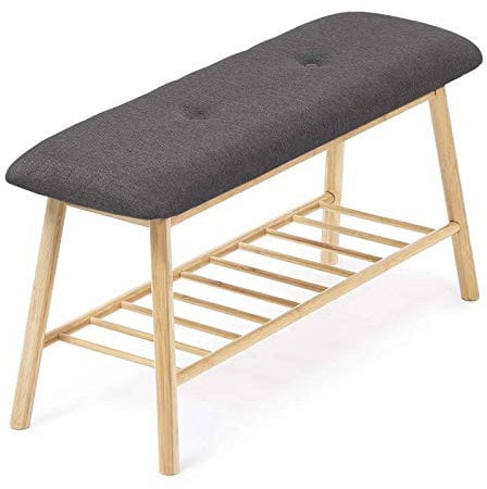 IDMarket - Banc d'entrée capitonné Bambou Rita Tissu Gris foncé