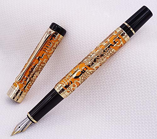 Jinhao 5000 Fountain Pen, Medium Nib Orange Colour, Golden Trim 3D Dragon Embossed Pattern Barrel Ink Pen with Pen Bag