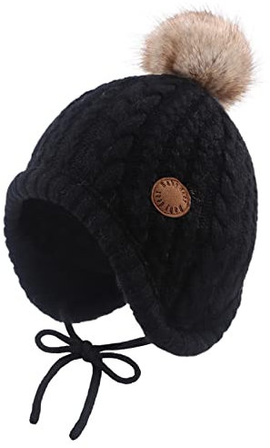 XIAOHAWANG Baby Wintermütze Mädchen Jungen Warm Strickmütze mit Pompom Niedliche BabymüTZE Herbst,Winter (Schwarz, 18-36 Monate)
