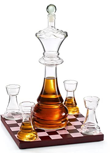 New Chess Decanter Set by The Wine Savant - Queen Chess Decanter 750ml 12 H With 4 Rook Shot Glasses 4oz - Queen's Gambit, Chess Player Gifts, Whiskey, Wine Lovers Gifts for Dad…