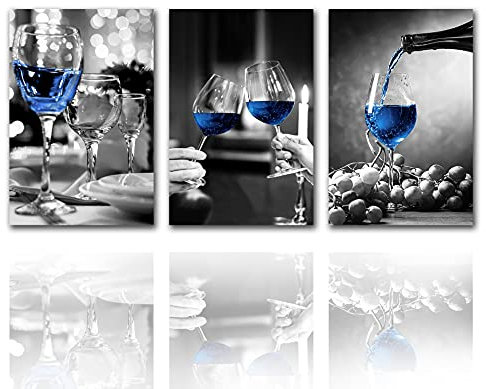 Kitchen Wall Decor Wine Glass and Grapes Pictures Black and White With Blue Wine Paintings 3 Pieces Canvas Modern Artwork Home Decor for Pubs Dining Room Wooden Framed Ready to Hang(48x24 inches)