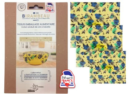 BIRAMBEAU - Tissus d'Emballage Alimentaire - Made in France - 3 Feuilles d'Emballage Alimentaire Cire d’Abeille - 100% Naturel - 3 Tailles : S, M, L - Réutilisables - Coton BIO