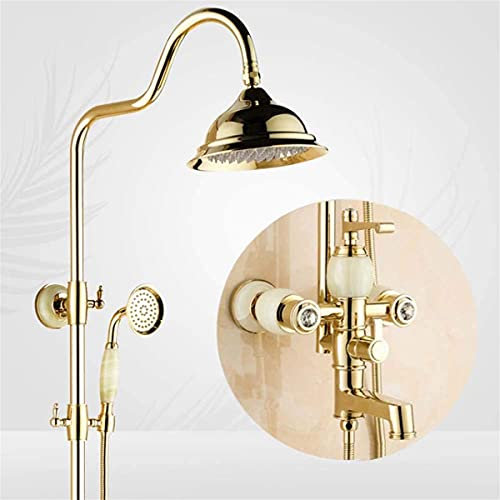 CHLDDHC Bathroom Mixer Shower System Jade Brass Golden European Retro Paint Three Functions Shower Shower Faucet With Rainfall Shower And Handheld Shower