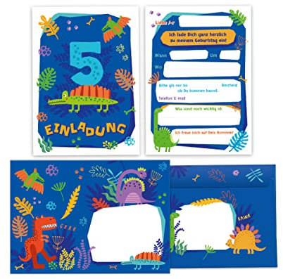 Junapack 12 Einladungskarten incl. 12 Umschläge zum 5. Kindergeburtstag fünfte Geburtstag Jungen Dinosaurier Dino Geburtstagseinladungen