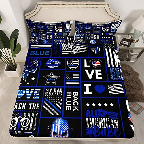 Sábana bajera con bandera americana azul, juego de ropa de cama con estampado de calavera y bandera de la policía de Estados Unidos, con bolsillo profundo elástico para decoración de habitación,