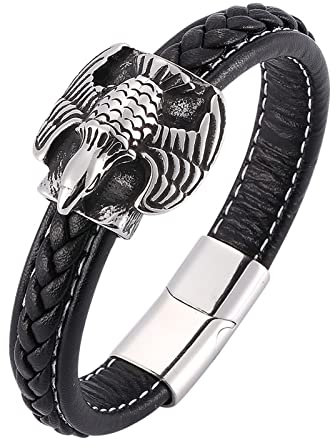 Skcess Lederarmband Herren Schwarz,Herren Armband Leder Adler Lederarmband Rostfreier Stahl Armbänder für Herren 20.5cm