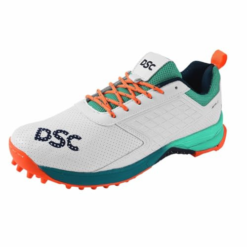 DSC Jaffa 22 Cricket Sport Shoes | Color: Sea Green-Fluro Orange| Size: 11US/10UK/44EU | For Men & Boys | Breathable Mesh | Non-Slip Sole | Improved Stability | Embossed Design | Durable & Lightweight