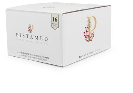 PISTAMED - Pistacchi pelati - Senza sale - Tostata artigianale - Alto contenuto di fibre - Diete Vegetariane e Vegane - Contenuto: 560 g (Confezione da 16 buste)