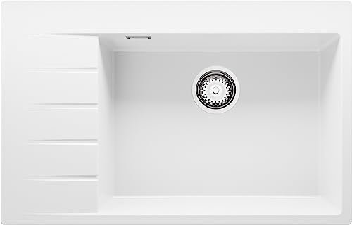 Primagran Sydney - Fregadero de Cocina Blanco 78x50cm, Granito 1 Seno + Sifón, Sobre Encimera al Mueble 60cm