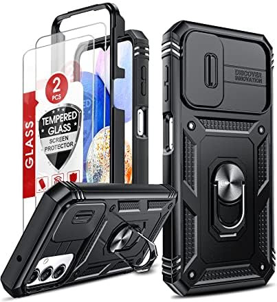 LeYi Handyhülle für Samsung Galaxy A14 5G Hülle mit 2 Schutzfolie, Stoßfest Outdoor Hardcase, 360 Grad Ständer Kratzfest Schutzhülle Handy A 14 Kameraschutz Full Case Schwarz