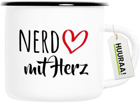 Huuraa Emaille Tasse Nerd mit Herz Geschenk 300ml Vintage Emaille Becher Nerd Geschenkidee