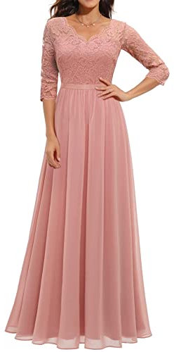 ECDAHICC Abito da donna elegante in pizzo con volant, con scollo a V, maniche corte, a vita alta, abito da sera lungo, Rosa 1, L