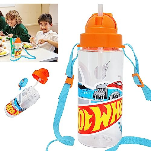 HOVUK Hot Wheels - Botella de agua con popote de 500 ml, botella Tritan con tapa abatible para niños, a prueba de fugas y reutilizable, regalo deportivo para la escuela de 3 años
