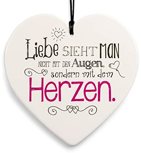 SIKORA Geschenk Herz aus weißem Steingut mit liebevollen Botschaften für jeden Anlass, Farbe/Modell:PH01 - für den Partner - Liebe Sieht Man mit dem Herzen