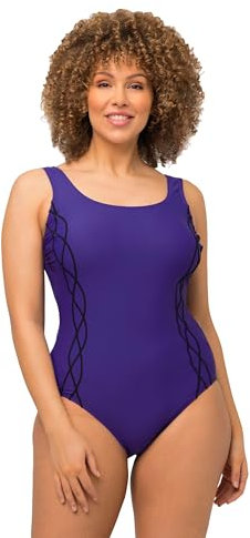 Ulla Popken Damen Badeanzug, Pipings, Unterbrustband, Vorderfutter, Lila, 50 EU