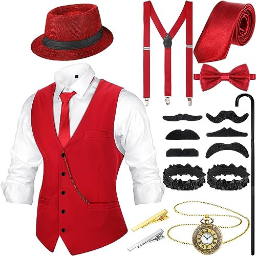 Blulu 1920er Jahre Herren Kostüm Accessoires Set Gangster Weste Fedora Hut Hosenträger Spielzeug Taschenuhr Gehstock 20er Jahre Outfit Kleidung für Männer 1920er Herren Zubehör (Weinrot, M)