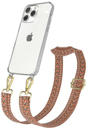 EAZY CASE Handykette - Verstellbares Taschenband kompatibel mit iPhone 15 Pro Max, Schulterriemen, Handykordel mit Silikon Hülle, Umhängetasche, Orange Grün Gold