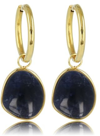 Goldohrringe mit Sodalith-Edelstein-Anhänger - 36 mm- Ohrringe mit Edelsteinen - Mehrere Farben und GröBe - Echter Edelstein - Bleibt Schön und Kein Irritation