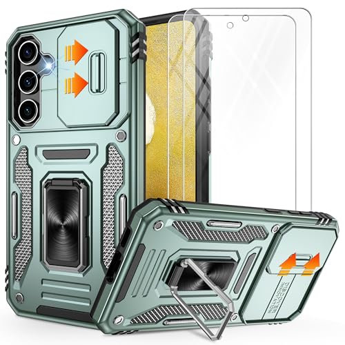 Jshru for Samsung S23 FE Case with Screen Protector [2 Pack] and Slide Camera Cover[Lens protection],Shockproof S23 FE Case,Ring Kickstand Phone Cover for Samsung Galaxy S23 FE 6.4,Alpine Green