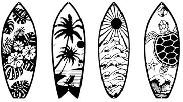 ruelen 4 Stück Metall Surfbrett Wanddekoration, Sommer Metall Surfbrett Strand Wandkunst, Hawaii Deko Surfbrett Tropische Hibiskusblume Palme Schildkröte Surfbrett Wandkunst für Badezimmer Büro