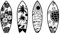 ruelen 4 Stück Metall Surfbrett Wanddekoration, Sommer Metall Surfbrett Strand Wandkunst, Hawaii Deko Surfbrett Tropische Hibiskusblume Palme Schildkröte Surfbrett Wandkunst für Badezimmer Büro