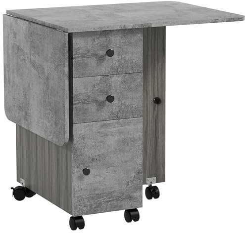 HOMCOM Folding Dining Table for 4-6, Rolling Drop Leaf Table on Wheels with Storage Drawers, Cabinet and Open Shelf for Kitchen, Dining Room, Grey Marble Effect