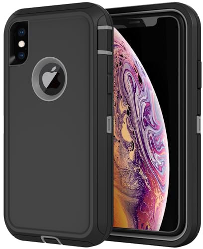 Annymall for iPhone X Case,iPhone Xs Case with Screen Protector Full Body Shockproof Drop-Proof Heavy Duty Rugged Bumper 3-Layer Defender Protective Phone Case Cover for Apple iPhone X/Xs (Black/Gray)