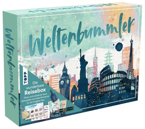 Wunderbare Reisebox Weltenbummler: Buch mit Reisetipps (DIN A5, 32 Seite), Reise Journal (DIN A5, 128 Seiten), 2 Brush Pens, 12 Reisekarten, 12 Holz-Anhänger, 2 Transfersticker-Bogen, Kofferanhänger