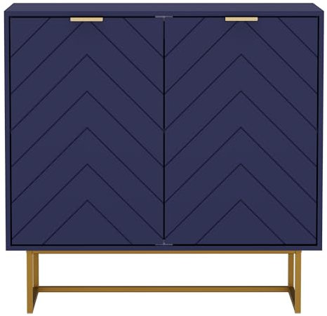 UEV Buffet Bas à 2 Portes, Armoire de Rangement avec Étagère Réglable à 3 Positions, Support 65kg, Manche et Pieds en Métal Couleur Doré, pour Salon, Chambre, Studio, 80 x 40 x 77,5 cm (Bleu)