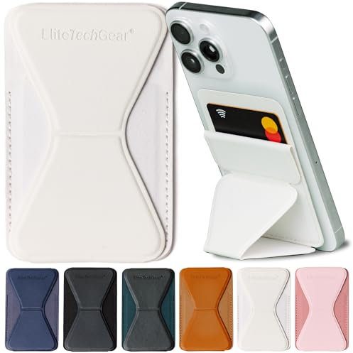 Elite Tech Gear Handy Kartenhalter - Kartenetui mit Selbstklebendem Aufkleber, kompatibel mit Apple iPhone, Samsung, Huawei - Kartenfach für die Rückseite des Handys, veganes Leder, Beige